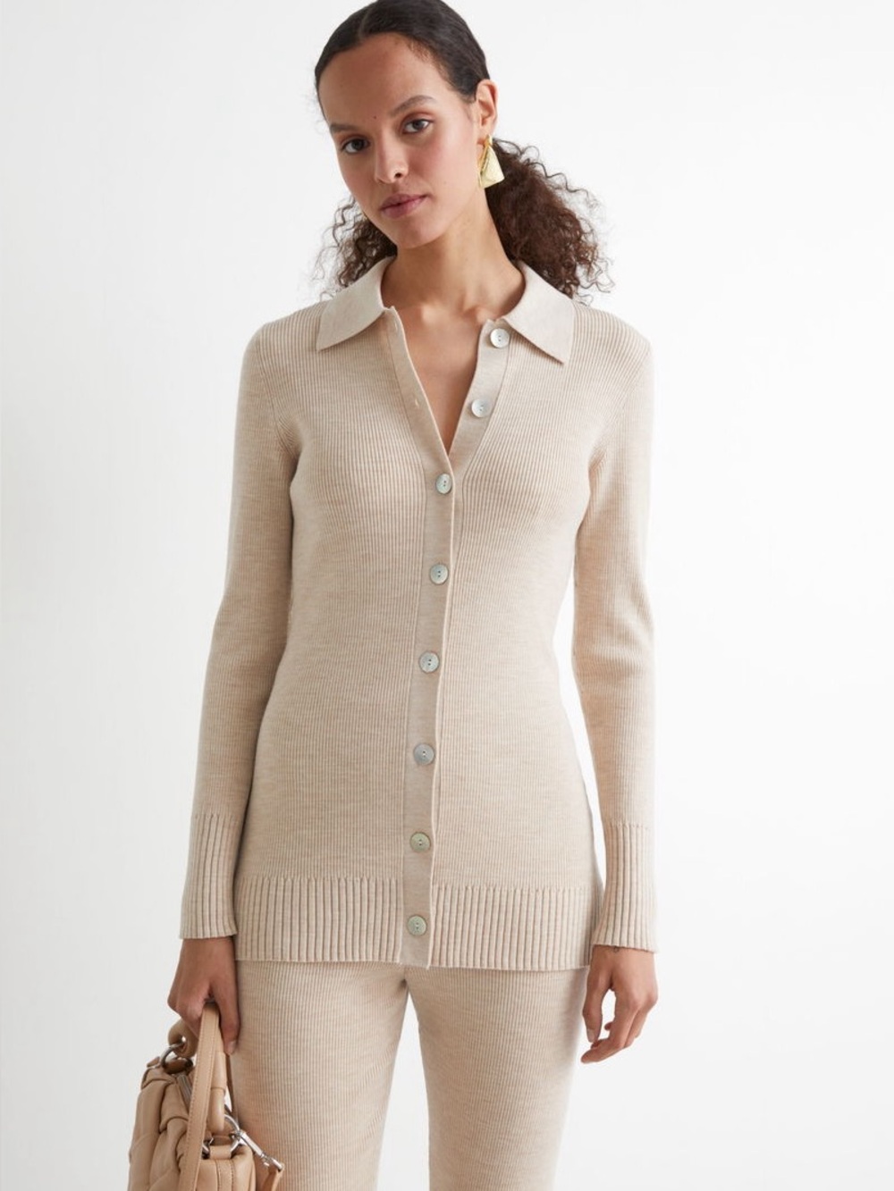 & Other Stories Long Fitted Rib Knit Cardigan Wool